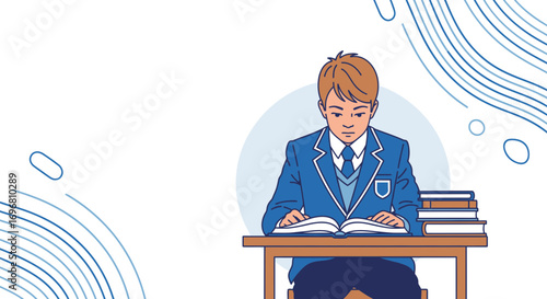 Young Student Concentrating On Reading, Study Time At Desk, Study And Schooling Concept