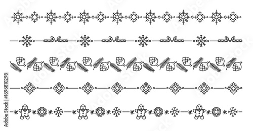 Christmas doodle dividers. Winter holiday borders decorated with snowflakes, candy canes, pine cones, gingerbread man and festive ornaments. Xmas decorative line separator vector set.