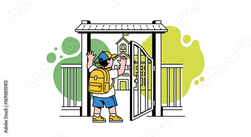 Young Student Enthusiastically Approaches School Entrance To Begin School Day Education