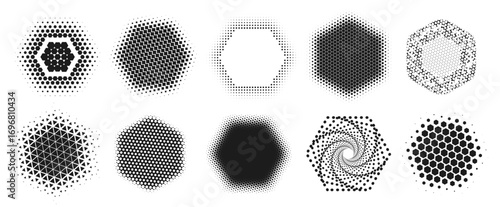 Halftone hexagon shapes. Abstract geometric hexagon dotted patterns with half tone effect, honeycomb texture, spiral design and digital gradient fade structure vector set .