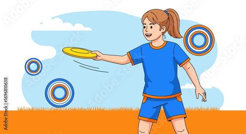 Young Woman Actively Playing a Game of Disc Golf in a Beautiful Sunny Day