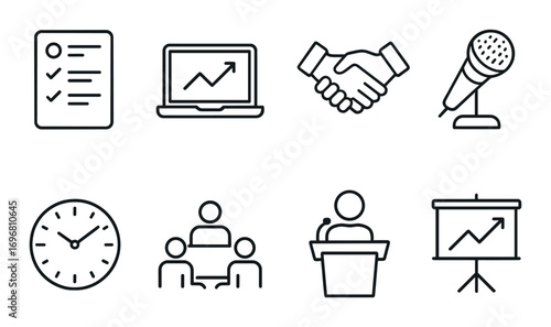 Business icons set: checklist, laptop, handshake, microphone, clock, meeting, speaker, chart