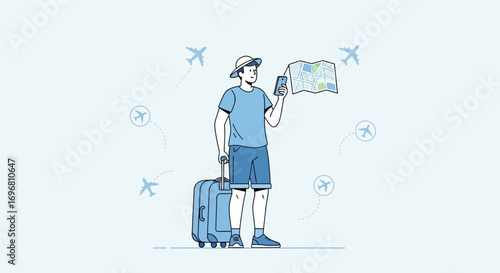 Young Traveler Determining Destination With Smartphone And Handheld Map In Preparation