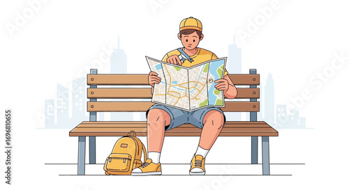 Young Traveler Studying Map on Bench in the City, Discovering Urban Exploration