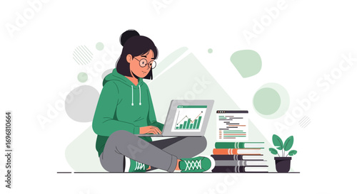 Young Woman Analyzing Charts and Data on Laptop While Working Independently From Home