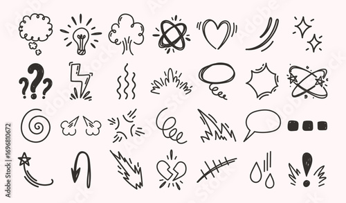 Doodle expression signs. Hand drawn emotions and reaction symbols, comic style speech bubbles, thought clouds, signs for love, outrage, delight and confusion. Sketch vector elements set.