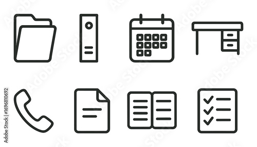 Minimalist office icons set featuring calendar, phone, desk, and documents