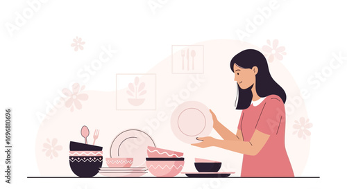 Young Woman Arranging Dishes For The Kitchen, Beautiful Artwork For Domestic Tasks