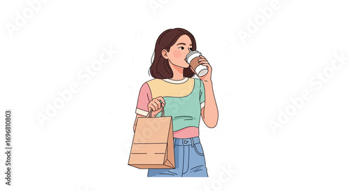 Young Woman Enjoying Coffee And Shopping, A Fashionable Lifestyle Illustration