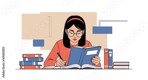 Young Woman Engaged In Study, Concentrating Deeply On Her Readings and Writings, Studying.