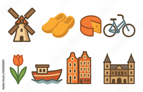Dutch culture symbols: windmill, clogs, cheese, bicycle, tulip, boat, canal houses, castle