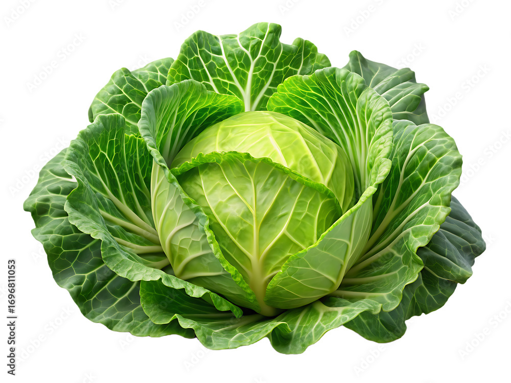 Obraz premium Green cabbage head with visible leaf veins isolated on a transparent background vegetable