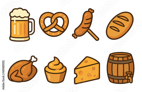 German cuisine icons: beer, pretzel, sausage, bread, roast, mustard, cheese, barrel