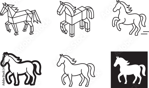 Abstract Horse Icon Set Geometric Style Outline Design Solid Shape Negative Space Vector Graphics