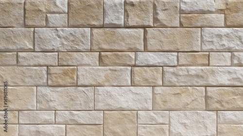 Textured tan brick wall patterned in neat rows. AI image