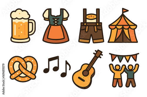 Oktoberfest icons: beer, lederhosen, dirndl, tent, pretzel, music notes, guitar, celebration