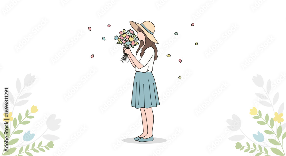 Fototapeta premium Young Woman Smelling Fresh Flowers in a Pastel Environment with Artistic Floral Design