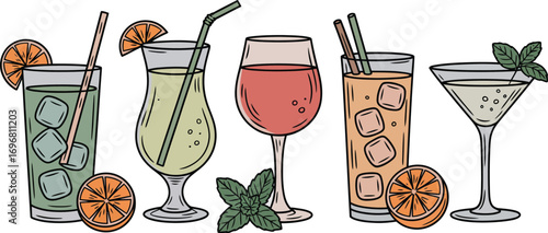 Refreshing assorted colorful summer cocktails with citrus and mint garnishes on white background