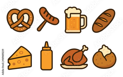 German cuisine icons: pretzel, sausage, beer, bread, cheese, mustard, chicken, potato