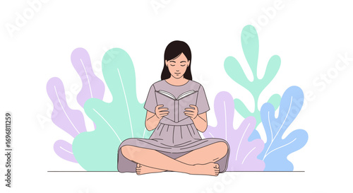 Young Woman Reads Meditatively Surrounded by Nature, Lost in a Literary World