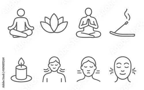Line art icons of meditation, relaxation, and wellness with yoga poses and aromatherapy