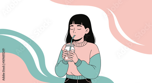 Young Woman Sipping Refreshing Drink with Eyes Closed in Minimalist Vector Illustration