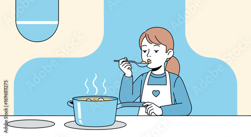 Young Woman Sampling Soup She Made In A Pot, Testing Its Deliciousness While Cooking