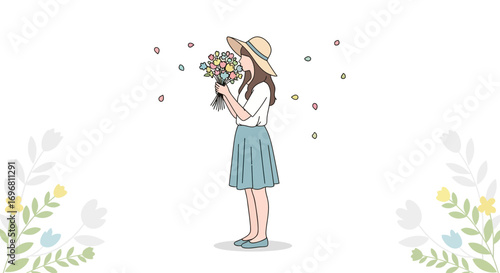 Young Woman Smelling Fresh Flowers in a Pastel Environment with Artistic Floral Design