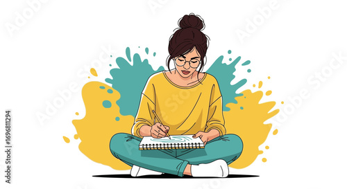 Young Woman Sketches, Creating Art, Concentrating, with Artistic Background, Sitting Cross-Legged