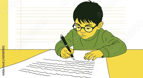 Young Writer Composing His Thoughts At Desk, Using Pen To Create Text On Paper