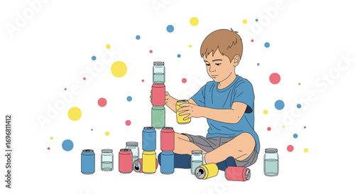Youngster Crafts Tower Using Colorful Cans, Envisioning Construction With Beverage Containers