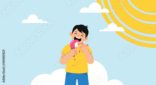 Youngster Delightfully Eating Ice Cream On A Sunny Day Underneath Vivid Sky