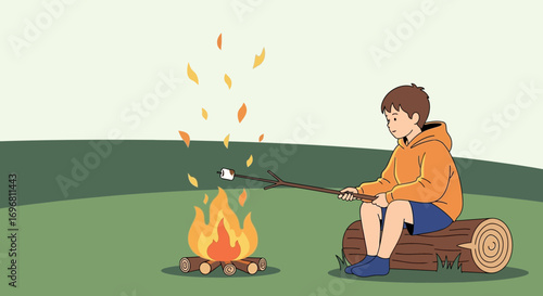 Youngster Enjoying A Marshmallow Roast At A Campfire Outdoors, Ideal For Warmth