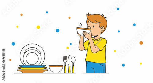 Youngster Enjoying Nutritious Food From A Bowl Beside Dinnerware And Cutlery, Happy