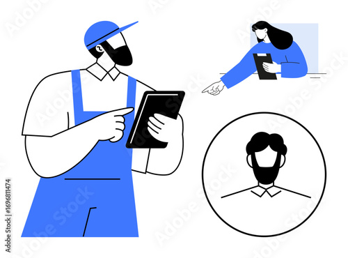 Worker in cap using tablet, woman pointing and holding clipboard, circular avatar. Ideal for teamwork, collaboration, communication, profile setup, workforce, digital tools simple landing page