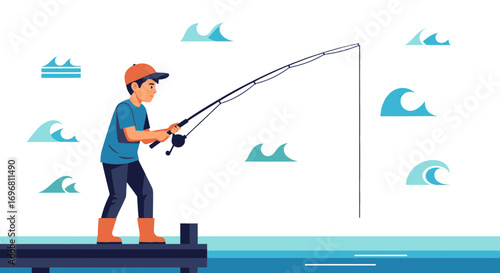 Youngster Enjoying Fishing With Waves And Marine Scene In A Calm Coastal Environment