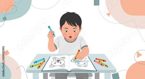 Youngster Engaging Creatively in Coloring Activity, Childhood and Joyful Moments Depicted