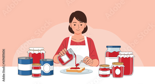 Woman Spreading Jam On Toast, Preparing Homemade Food, For Pleasant Breakfast Pleasure