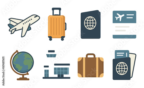 Travel icons: airplane, luggage, passport, boarding pass, globe, terminal