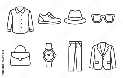 Fashion essentials: shirt, shoes, hat, glasses, bag, watch, pants, jacket