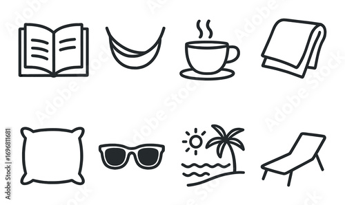 Icons of relaxation: hammock, coffee, sunglasses, beach, pillow, towel, book, chair