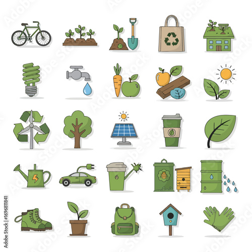 Collection of Eco-Friendly Icons Representing Sustainability and Green Living.
