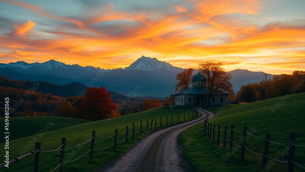 Naklejka premium Photograph featuring a picturesque autumn scene. In the foreground, a winding path leads through lush green hills