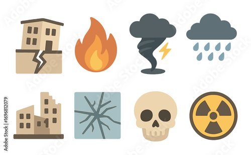 Natural disasters and hazards icons set including earthquake and radiation symbols