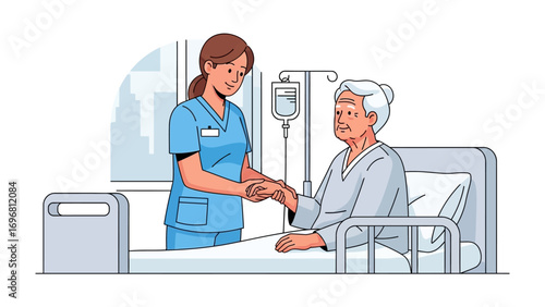 A Caring Touch: A compassionate nurse provides comfort to an elderly patient in a hospital room, symbolizing care and support during recovery and rehabilitation.