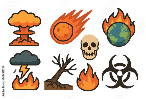 Apocalyptic symbols: explosions, meteor, skull, burning earth, storm, fire, tree, biohazard