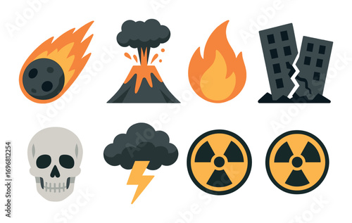 Natural disasters icons: meteor volcano fire earthquake skull lightning radiation symbols