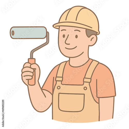 Smiling builder holding paint roller wearing hard hat and overalls  