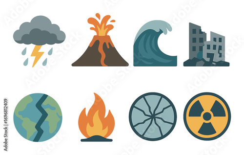 Natural disasters icons: storm, volcano, tsunami, earthquake, fire, radiation