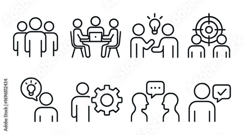 Business teamwork icons: collaboration, brainstorming, targeting, communication symbols